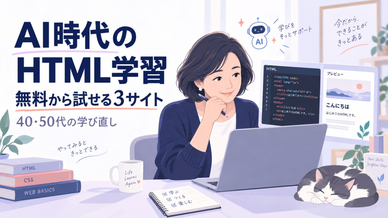 AI時代のHTML学習。無料から試せる3サイトを活用して学び直す40・50代のイメージ