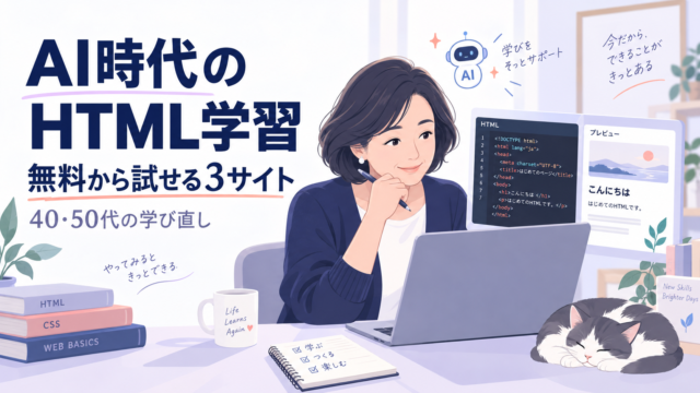AI時代のHTML学習。無料から試せる3サイトを活用して学び直す40・50代のイメージ
