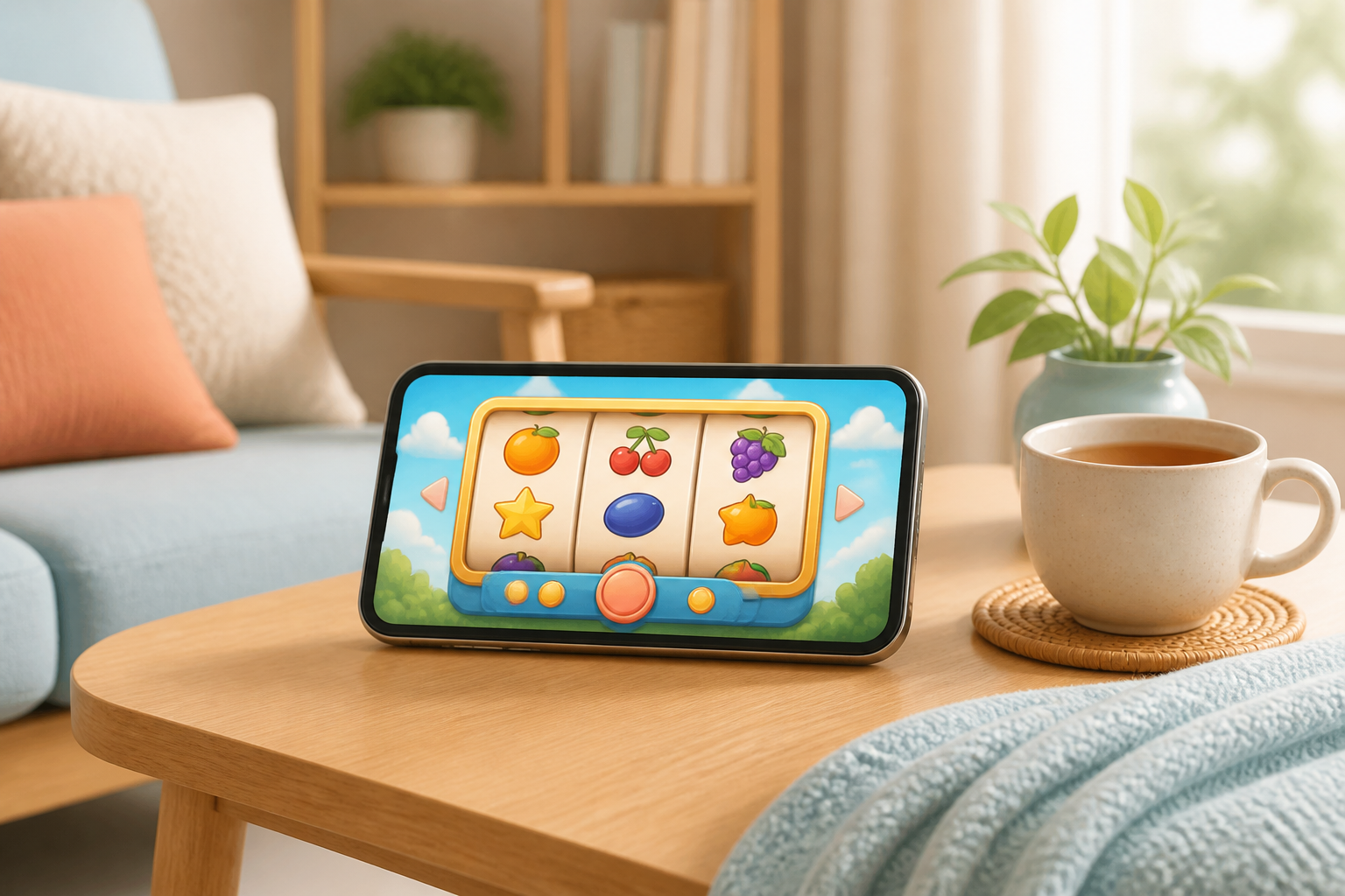 自宅でスマートフォンゲームを楽しむイメージ