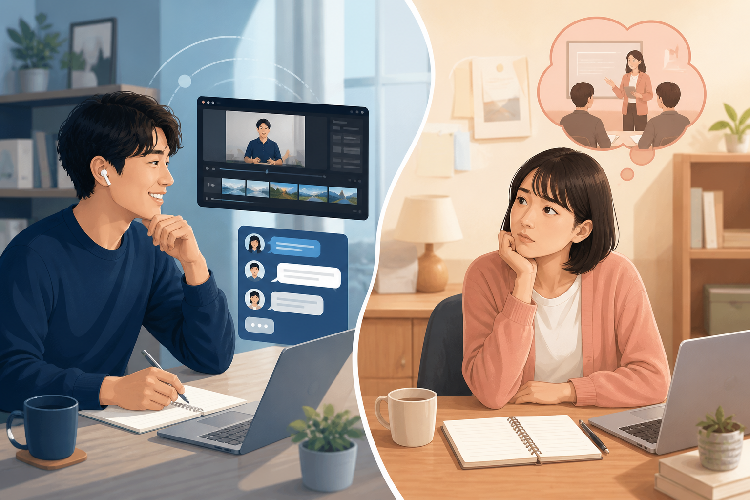 オンライン学習が向く人と対面指導を好む人の比較イメージ