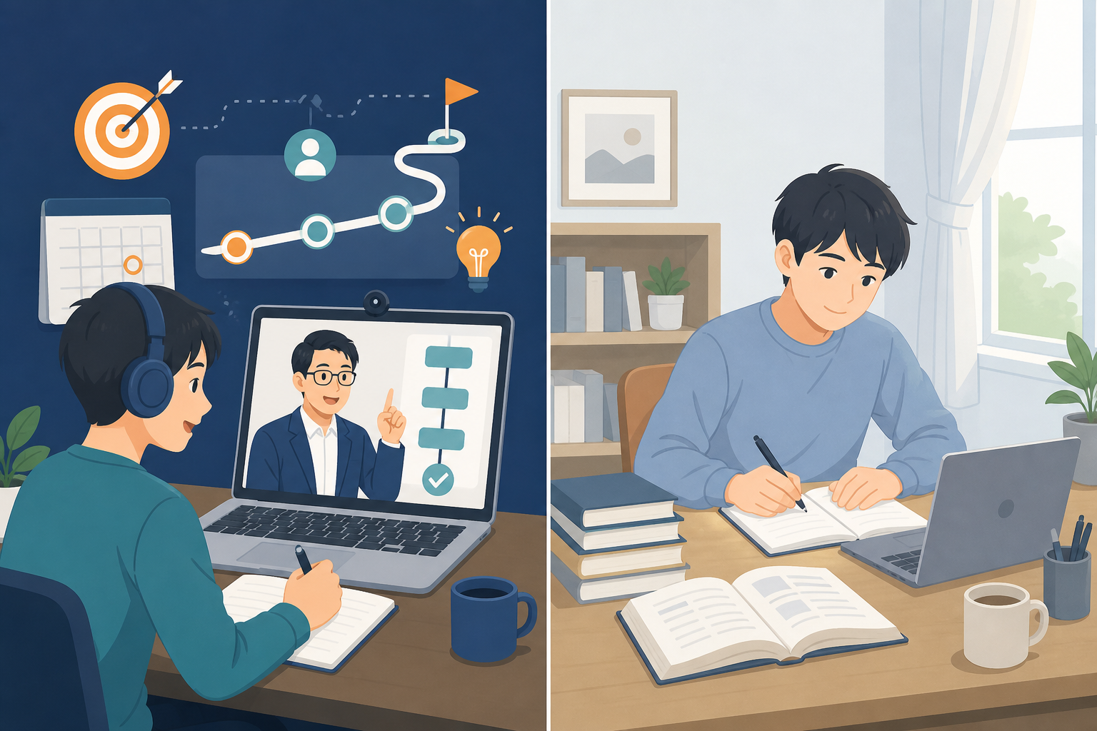 マンツーマン学習と独学の向き不向きを比較したイメージ