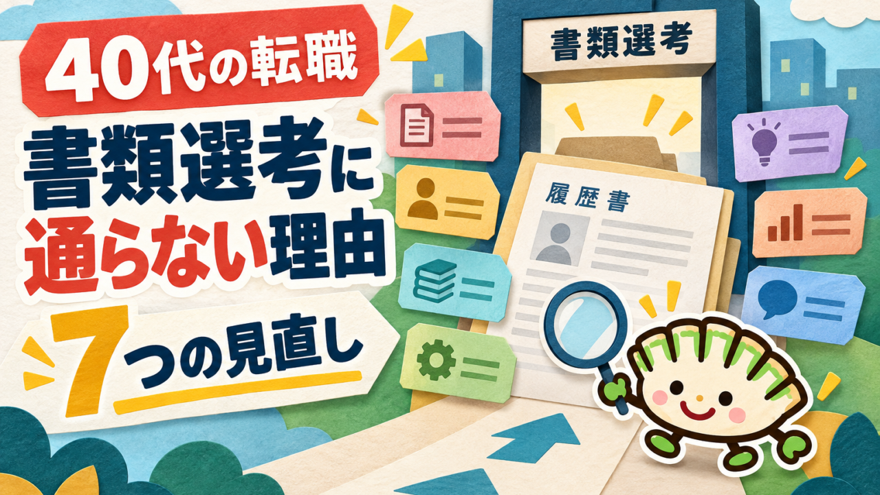 40代の転職で書類選考に通らない理由と7つの見直しを示す餃子キャラクター