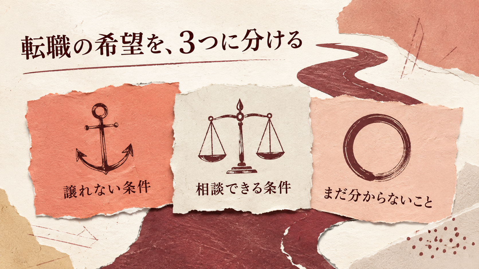 転職の希望を、譲れない条件・相談できる条件・まだ分からないことの3つに分けるイラスト