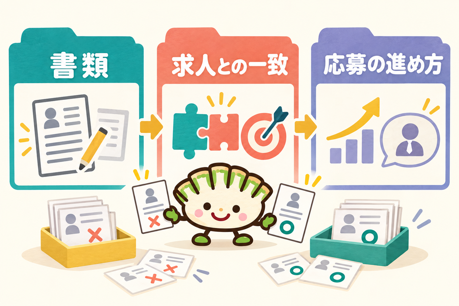 書類・求人との一致・応募の進め方の3点から書類選考を見直す図