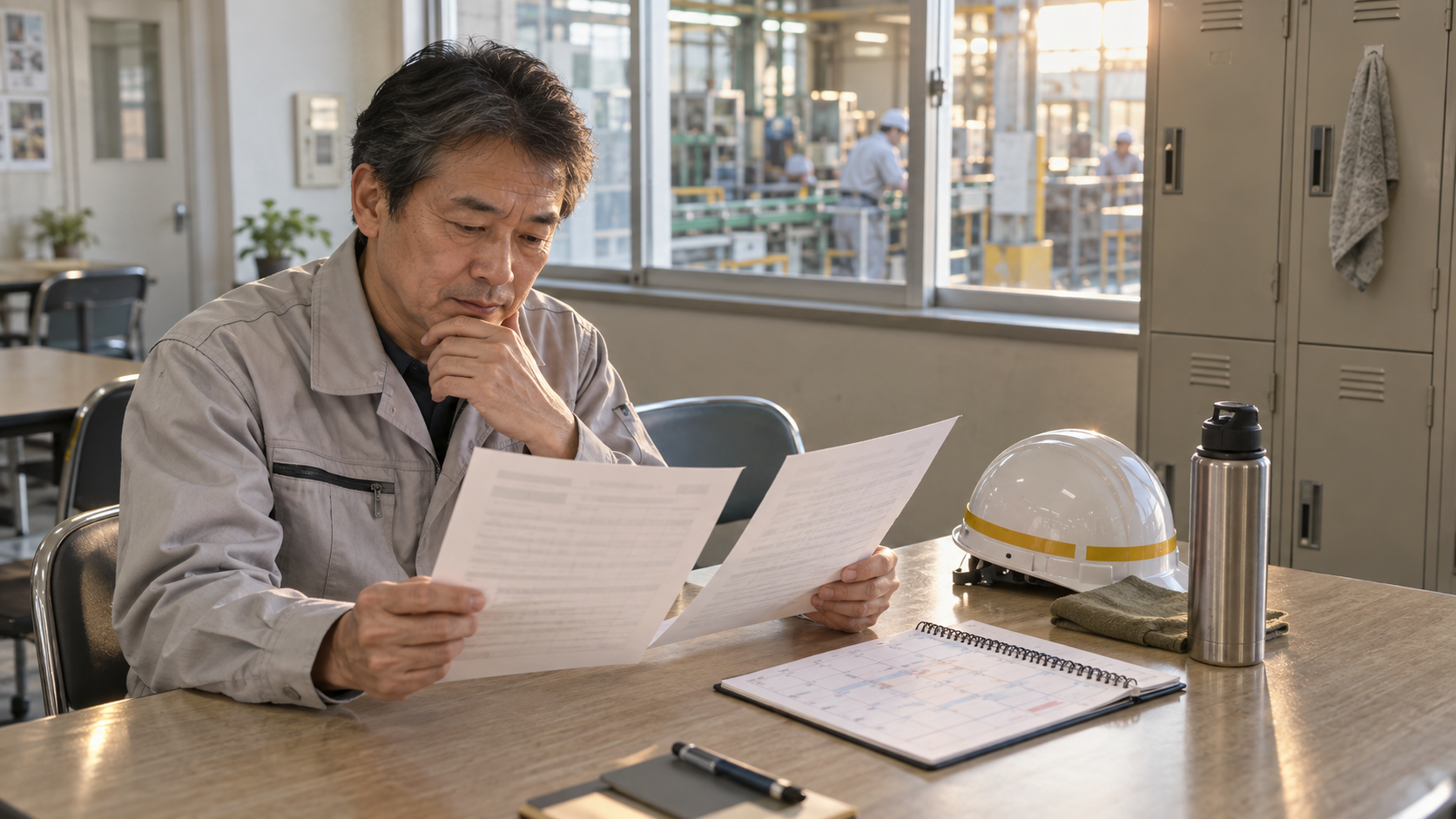 工場求人の勤務条件を比較する50代の作業員