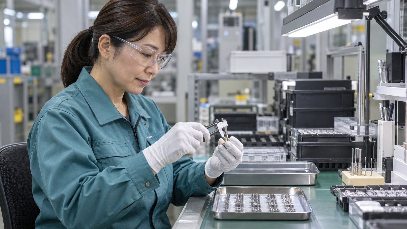 工場で精密部品を検査する40代の作業員