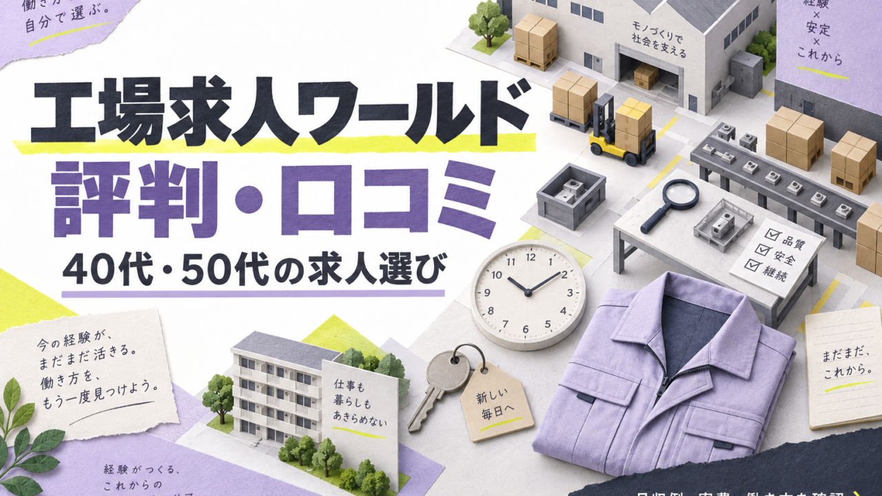 工場求人ワールドの評判・口コミと40代・50代の求人選びを示す、紫の作業服と工場模型のイラスト