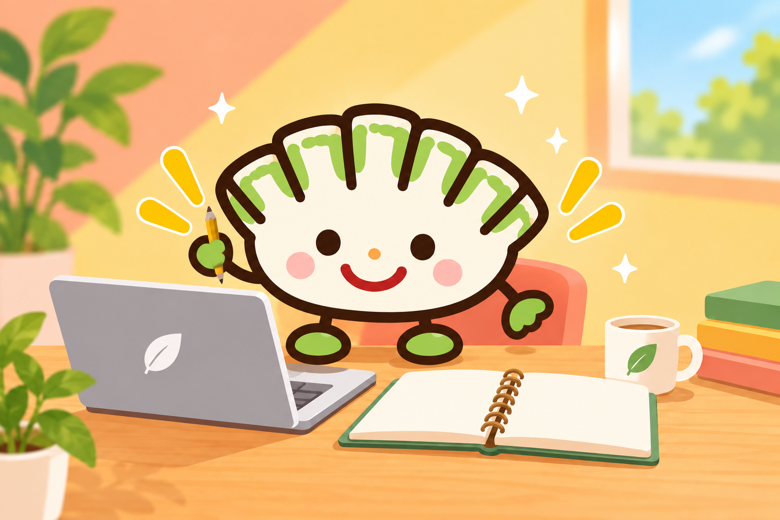 パソコンとノートに向かい、鉛筆を持って小さな一歩を踏み出す餃子キャラクター