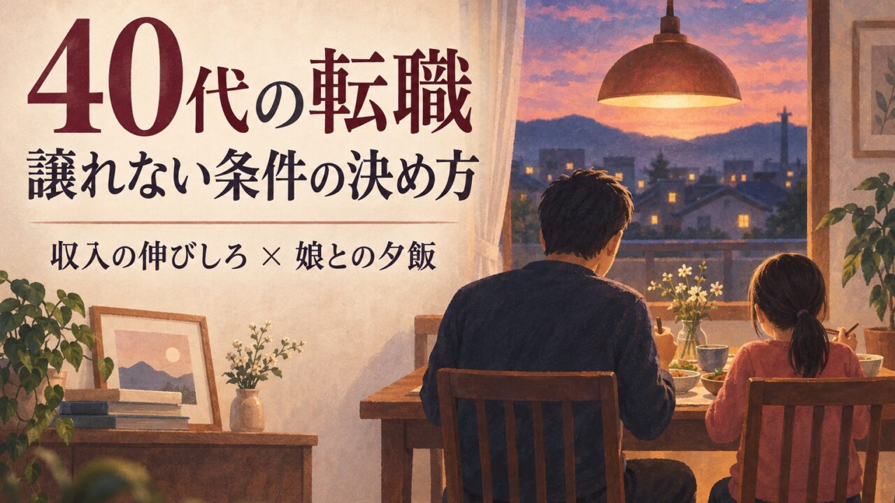 40代の転職で譲れない条件。収入の伸びしろと娘との夕飯をテーマにした親子の食卓のイラスト