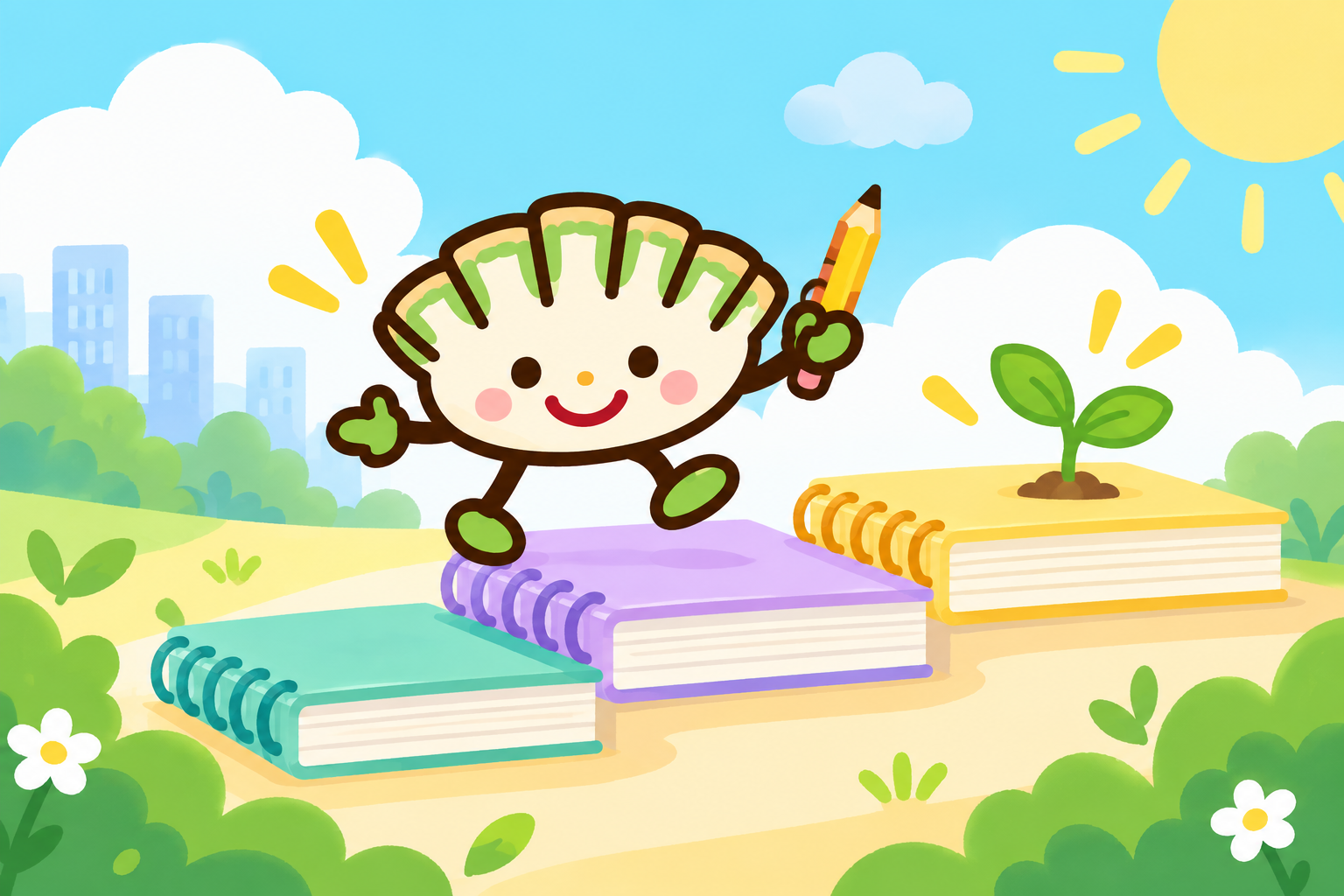 小さな学びを積み重ね、ノートの階段を一歩ずつ進む餃子キャラクター