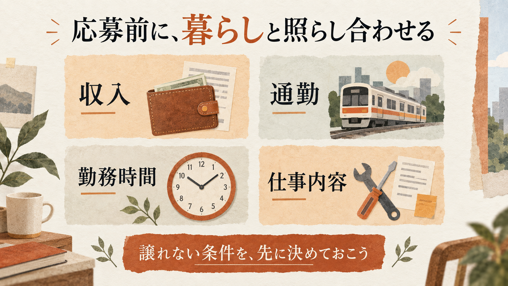 応募前に収入、通勤、勤務時間、仕事内容の4項目を暮らしと照らし合わせるチェック図