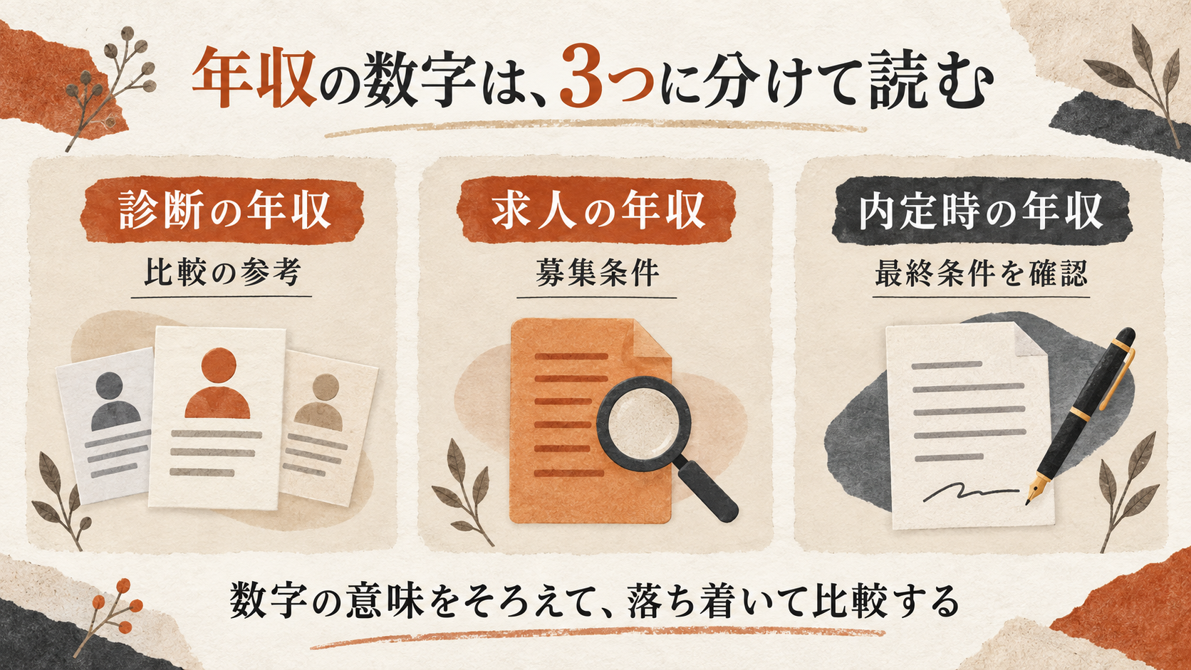 診断の年収は比較の参考、求人の年収は募集条件、内定時は最終条件を確認するという3つの違い