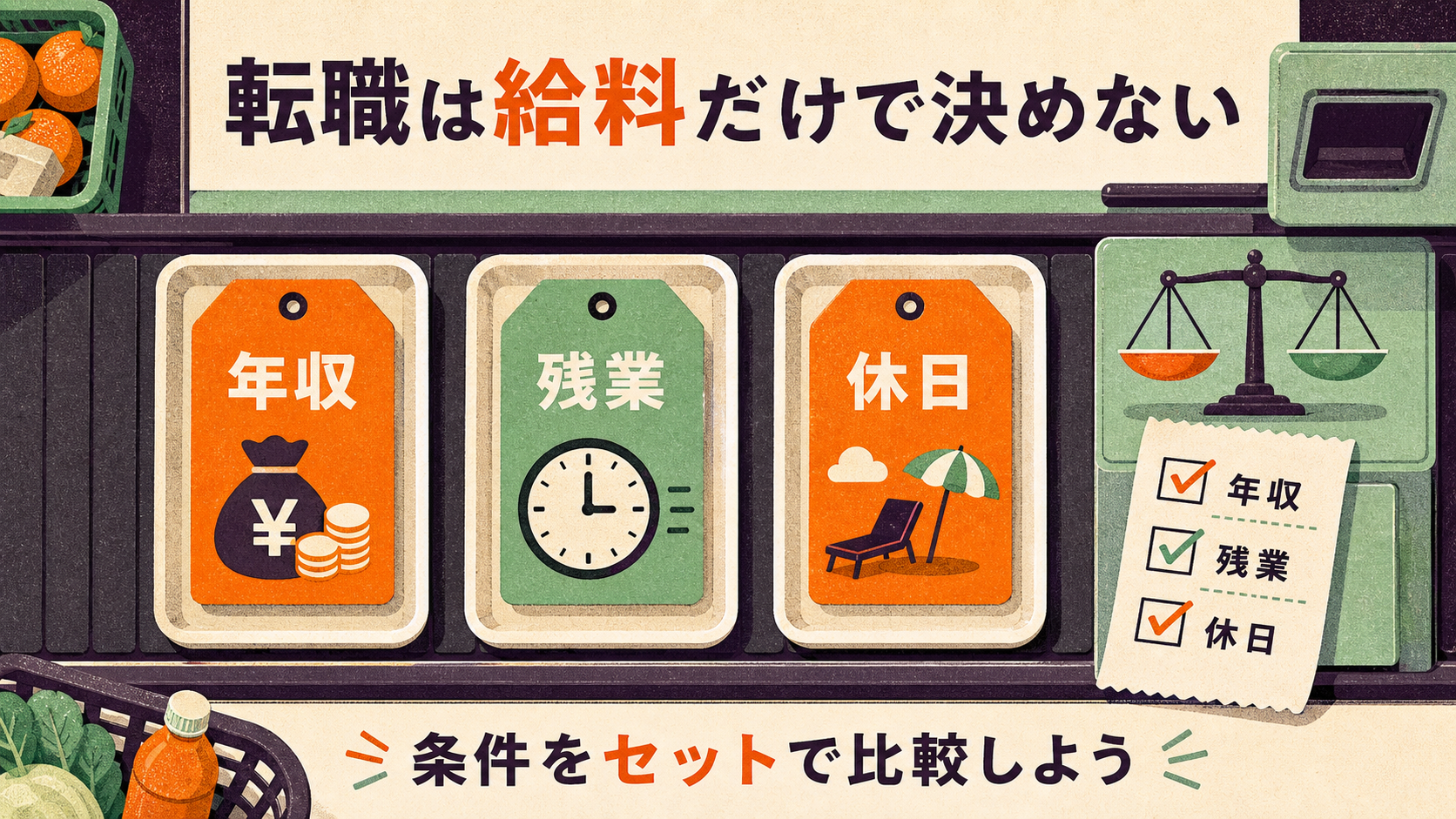 転職条件は年収だけでなく残業と休日もセットで比較する図