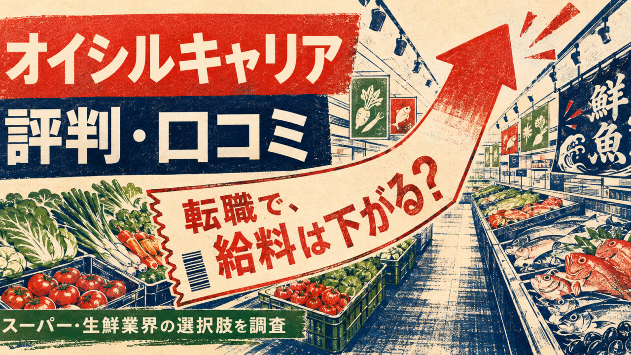 オイシルキャリアの評判・口コミと、スーパー・生鮮業界の転職で給料が下がるのかを考える記事のアイキャッチ