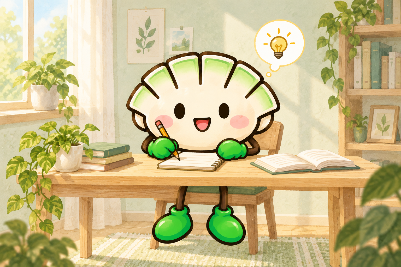 餃子キャラクターがノートに自分の考えを書き始めるイラスト