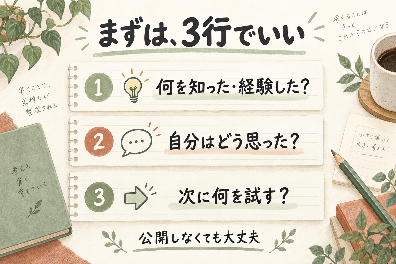 3行メモの書き方。何を知った・経験したか、自分はどう思ったか、次に何を試すか。公開しなくても大丈夫。