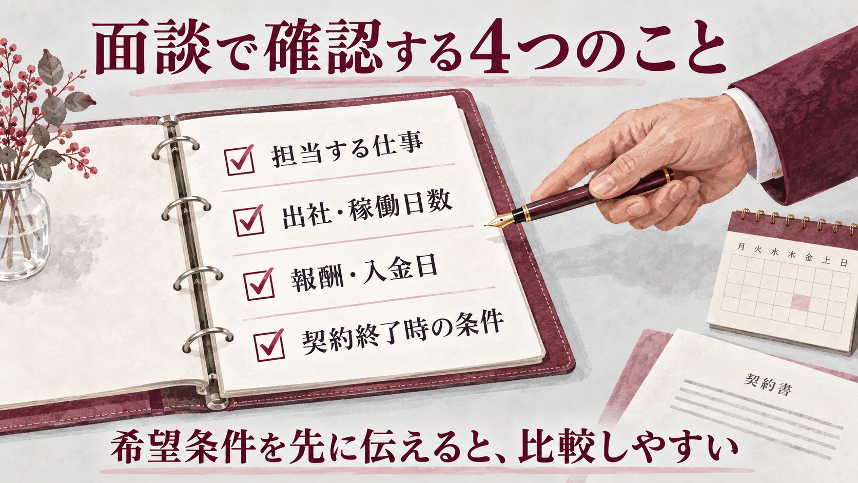 面談で担当業務、出社と稼働日数、報酬と入金日、契約終了時の条件を確認するチェックリスト