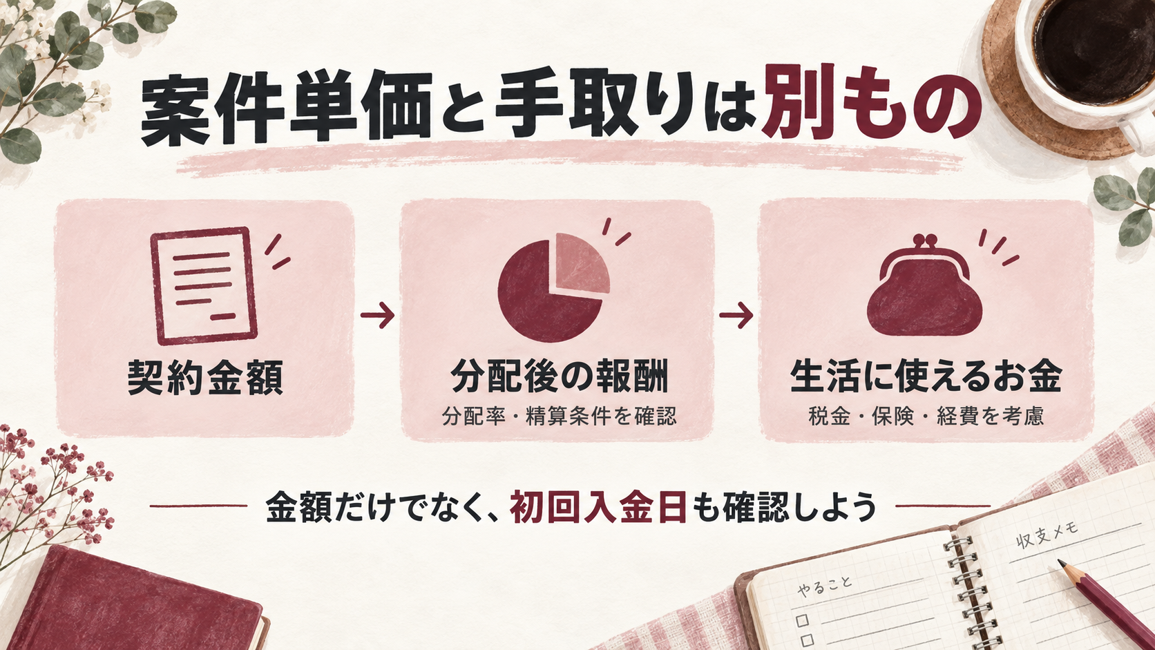 契約金額から分配後の報酬、生活に使えるお金までを分けて考える図解