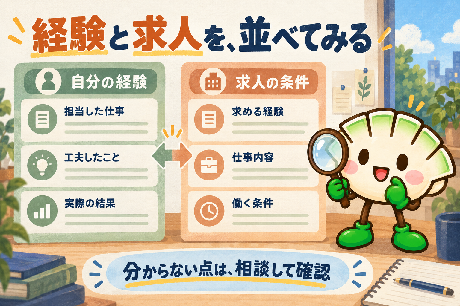 自分の担当業務・工夫・結果と、求人が求める経験・仕事内容・働く条件を並べて確認する餃子キャラクター