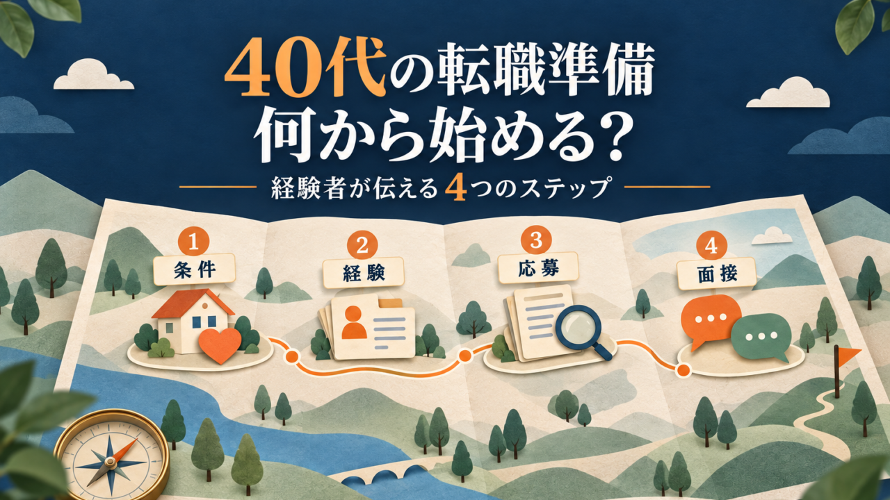 40代の転職準備を条件・経験・応募・面接の4ステップで示した地図のイラスト