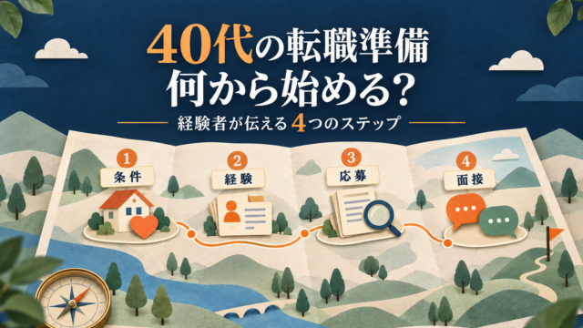 40代の転職準備を条件・経験・応募・面接の4ステップで示した地図のイラスト