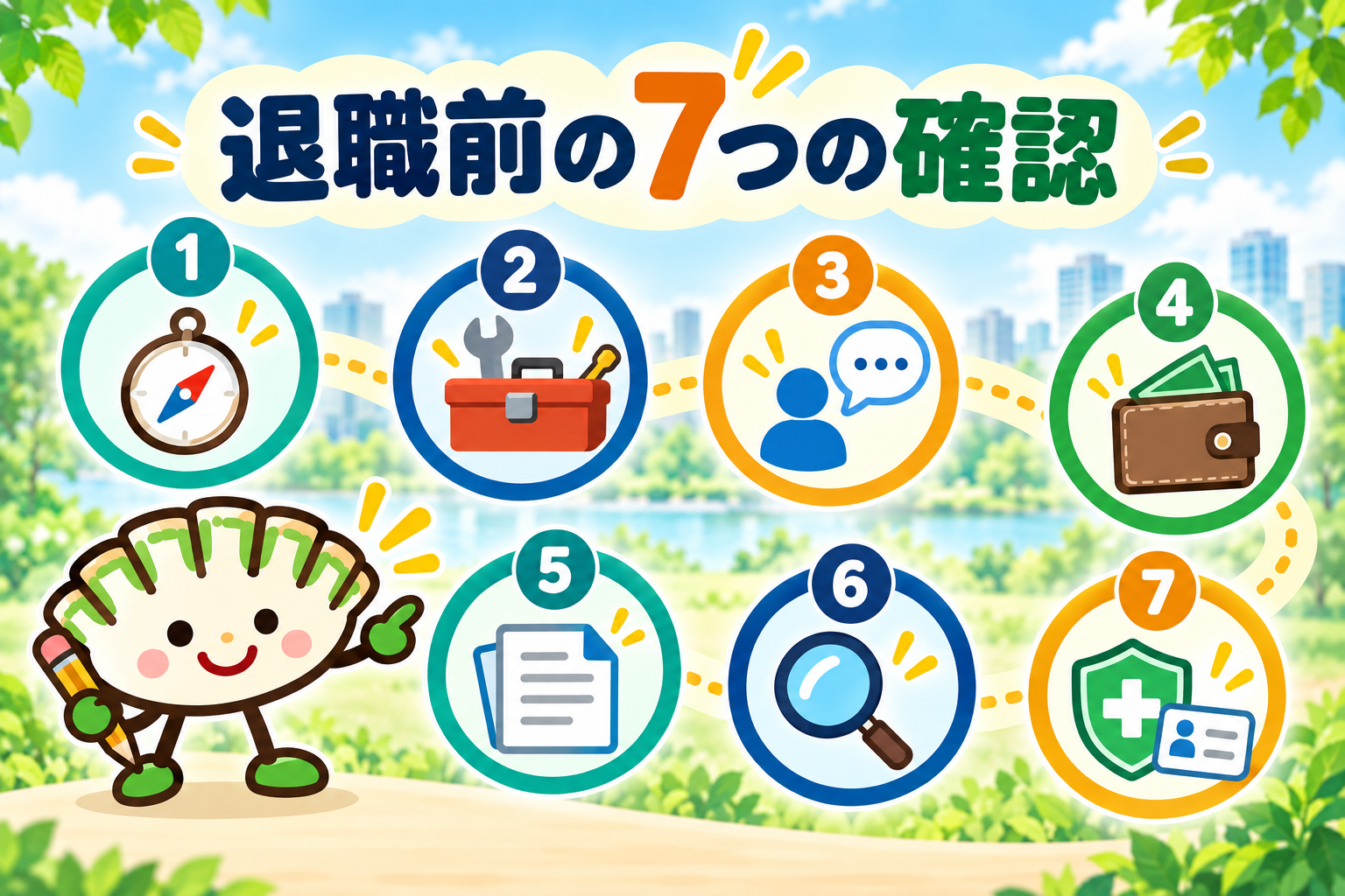 退職前に確認したい7項目を示す餃子キャラクターの図解