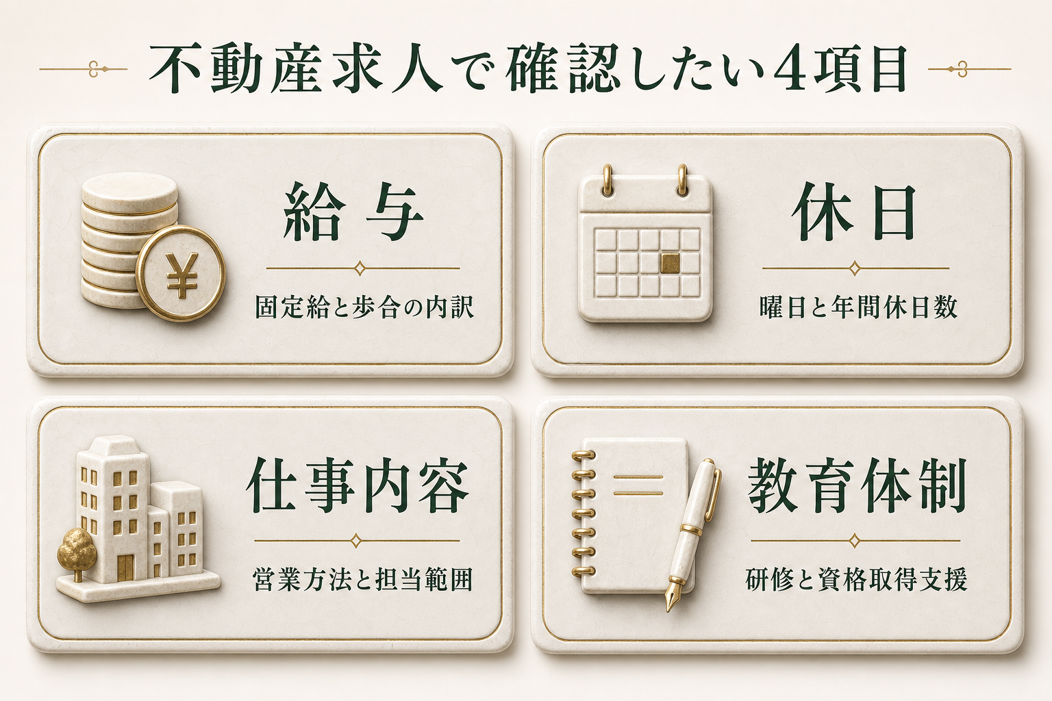 不動産求人で確認したい給与・休日・仕事内容・教育体制の4項目