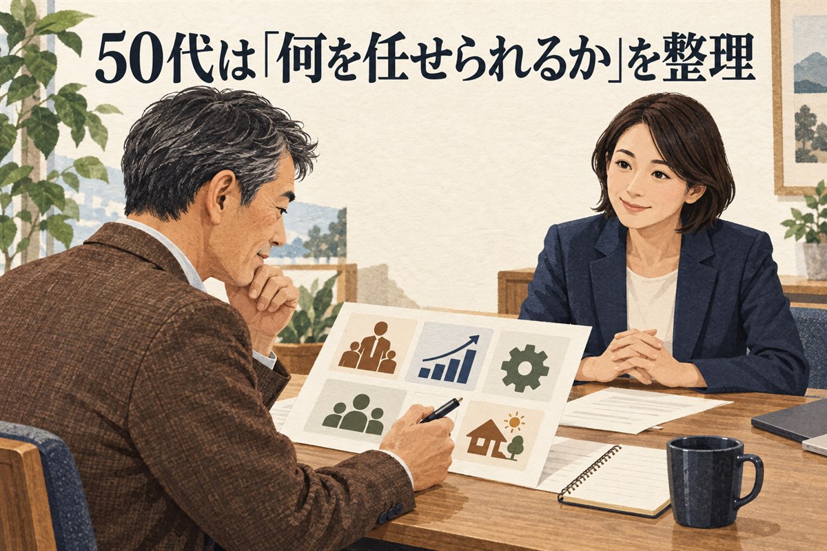 50代の転職希望者が経験と強みを整理して相談するイラスト