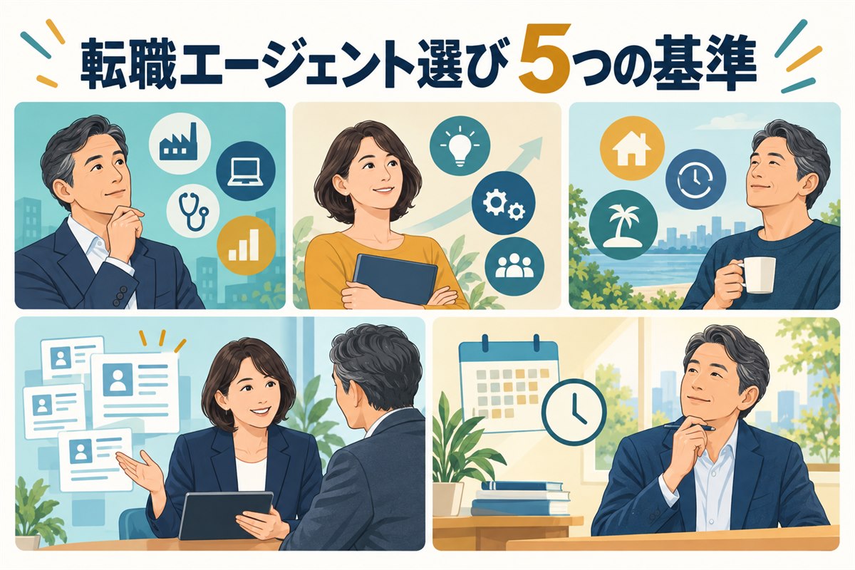 転職エージェントの選び方5つの基準を示したイラスト