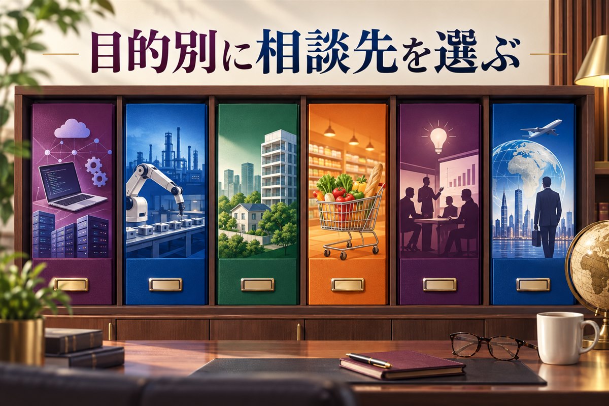 IT・製造業・不動産など目的別の転職相談先を示したイラスト