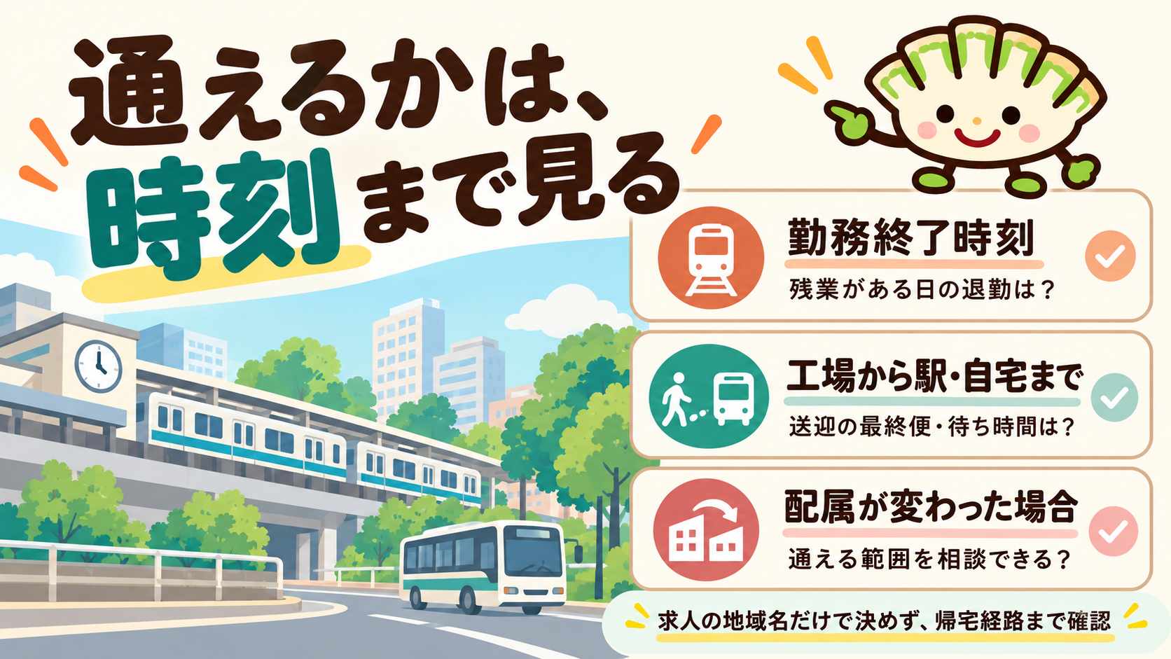 勤務終了時刻、工場から駅や自宅までの経路、配属変更時の通勤範囲を質問する図