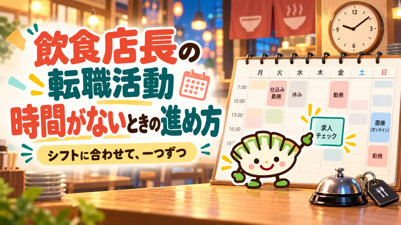 餃子キャラクターが週間カレンダーを指し、飲食店長のシフトに合わせた転職準備を案内するイラスト