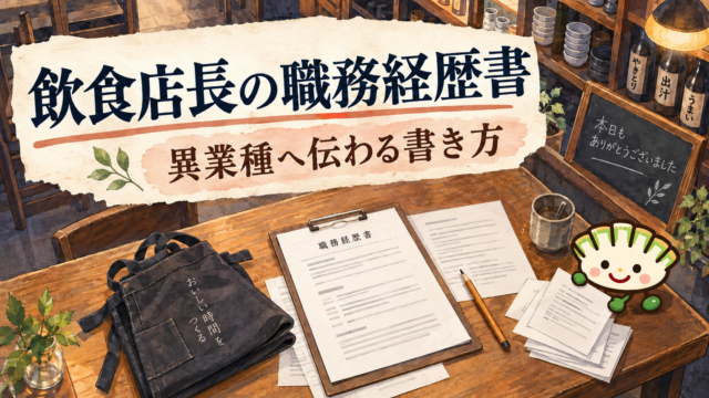 飲食店長の職務経歴書と筆記具を並べた飲食店のテーブルで、餃子キャラクターが書類を整理するイラスト。