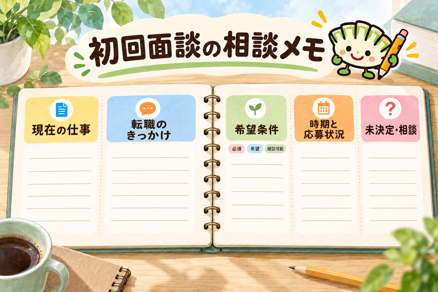 初回面談の相談メモ。現在の仕事、転職のきっかけ、希望条件、時期と応募状況、未決定のこと・相談したいことの5項目。