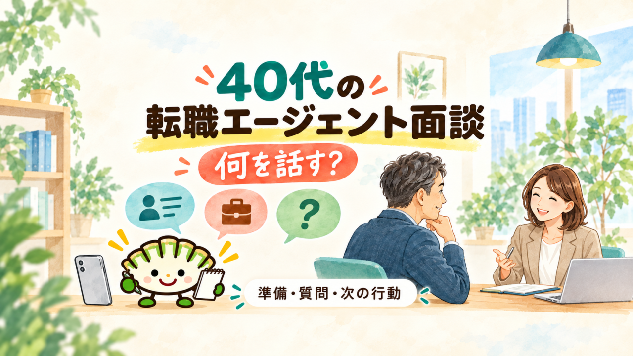 40代の転職エージェント面談で何を話すかを考える相談場面。餃子キャラクターがメモを持ち、準備・質問・次の行動を案内している。