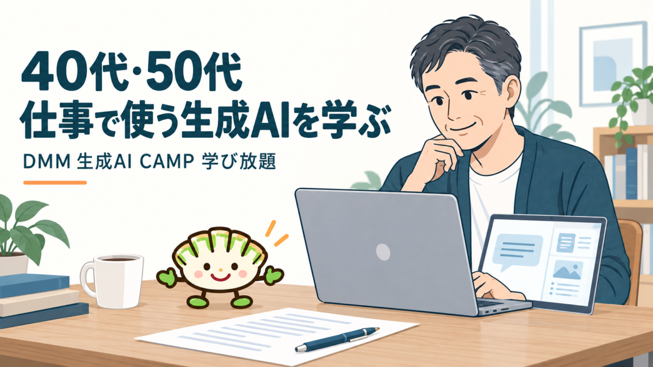 40代・50代が仕事で使う生成AIを学ぶ方法とDMM 生成AI CAMP 学び放題を紹介するアイキャッチ