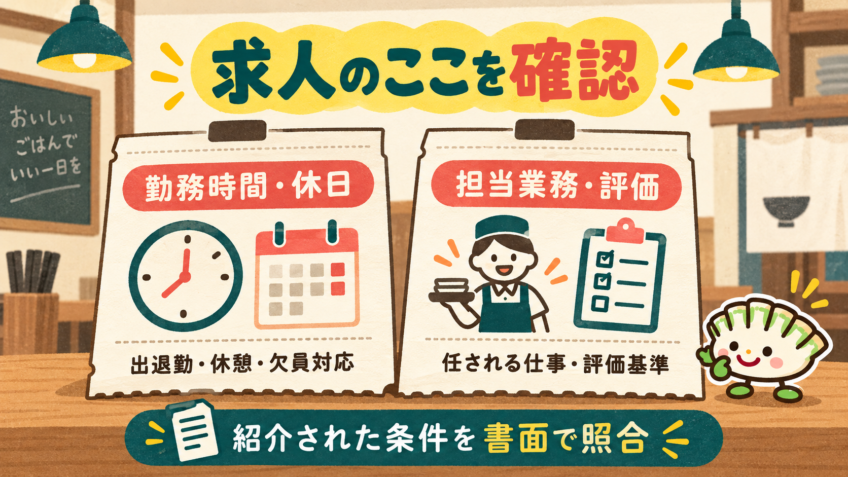 勤務時間・休日と担当業務・評価を確認し、紹介条件を書面で照合する注文票風の図解