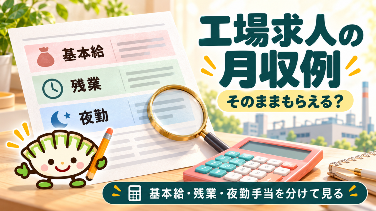給与の内訳が書かれた用紙と電卓を使い、餃子キャラクターが工場求人の月収例を調べるイラスト