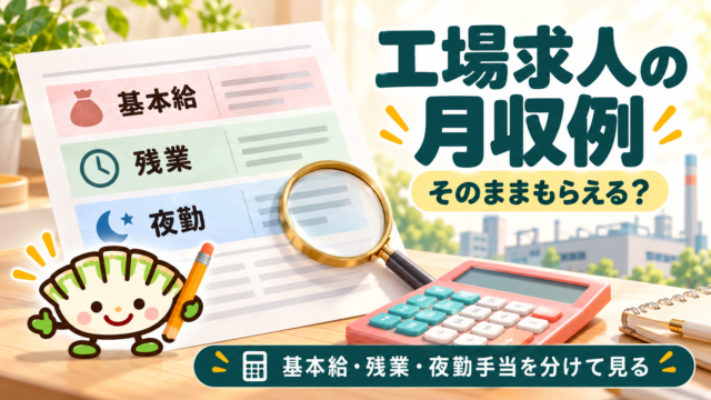 給与の内訳が書かれた用紙と電卓を使い、餃子キャラクターが工場求人の月収例を調べるイラスト