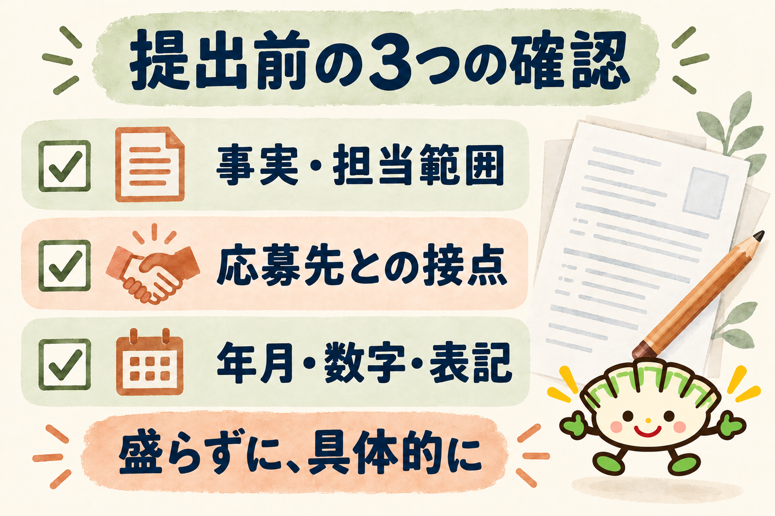 提出前の3つの確認。事実・担当範囲、応募先との接点、年月・数字・表記を見直すチェック図。