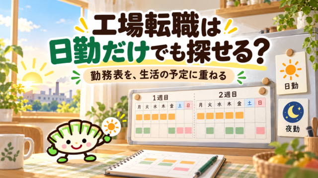 日勤と夜勤のカード、2週間のカレンダーを見ながら工場転職の勤務時間を考える餃子キャラクター